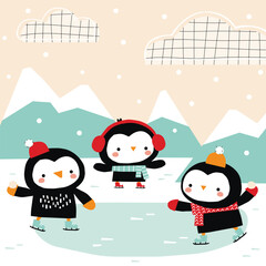 Cute cartoon penguins playing snowballs on a winter landscape - vector illustration in cartoon style. 