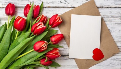 top view of a bouquet of red tulips and a piece of paper for text on a white wooden background with copy space