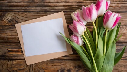Fototapeta premium Top view of a bouquet of tulips and a piece of paper for text on a wooden background with copy space