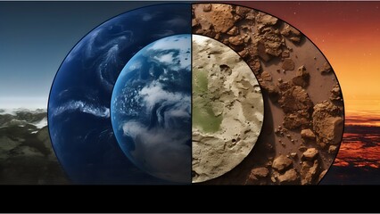 four circular panels representing the transition of planets at different stages