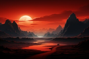 A beautiful illustration of a sunset in orange and red color