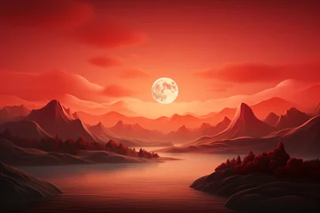Fotobehang A beautiful illustration of a sunset in orange and red color © Tarun