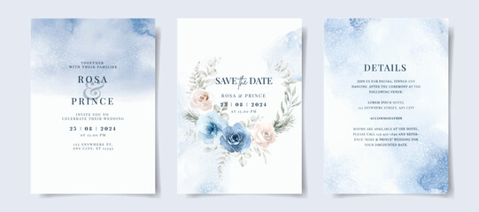 Fototapeta na wymiar Beautiful set of wedding invitation card template with blue floral and leaves decoration. Winter theme