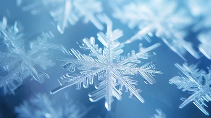 Fotobehang Snowflake on smooth gradient background. Macro photo of real snow crystal on glass surface. This is small snowflake with unusual pattern. © Kowit