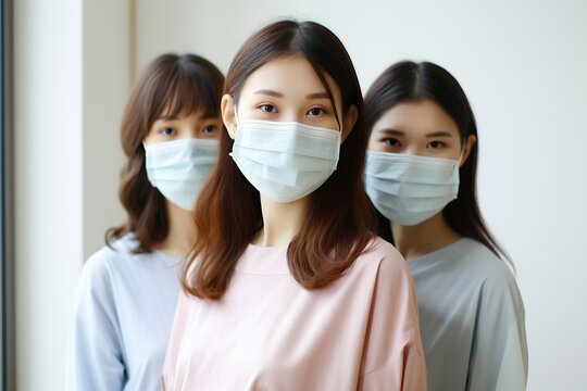young woman group wearing medical face mask, stand in a row posing looking at camera,