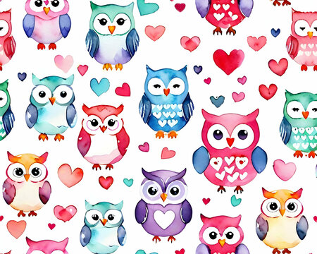 watercolor Cute and happy owls with hearts