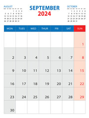 Calendar 2024 template - September 2024 year, week start on monday, Wall calendar 2024 design, Desk calendar template, corporate planner, Stationery, organizer diary, printing media, vector