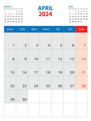 Calendar 2024 template - April 2024 year, week start on monday, Wall calendar 2024 design, Desk calendar template, corporate planner, Stationery, organizer diary, printing media, vector