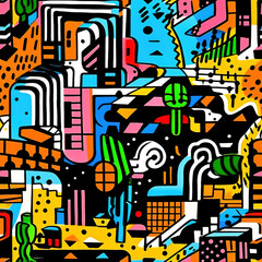 Colorful abstract funky retro minimal repeat pattern in the style of trippy psychedelic cubism pop art
