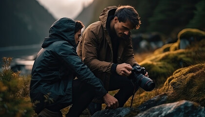 photographers exploring wild nature with backpack and camera - obrazy, fototapety, plakaty