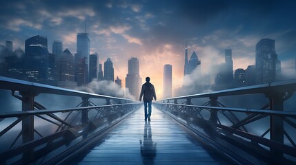 A Person Walking Across a Wobbly Bridge, Signify navigating through uncertain times in business - obrazy, fototapety, plakaty