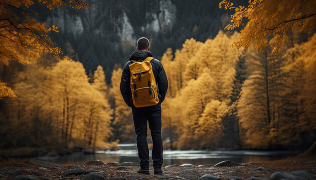 man exploring wild nature with backpack and camera
