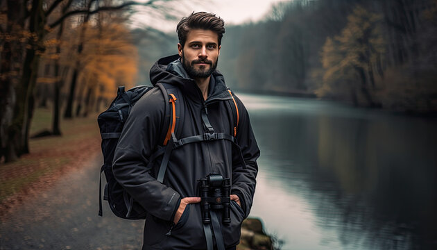 a man with a backpack and a camera takes a picture next to a river