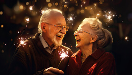 Obraz na płótnie Canvas happy couples holding sparklers at night