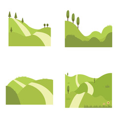 Field Green Hills On White Background. Aesthetic Design Concept. Vector Illustration Set. 
