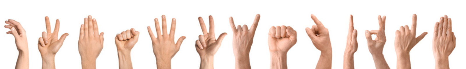 Collage of gesturing male hands on white background - obrazy, fototapety, plakaty