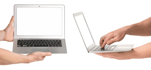 Collage of male hands with modern laptop on white background