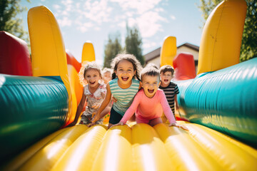 happy Kids on the inflatable bounce house - obrazy, fototapety, plakaty