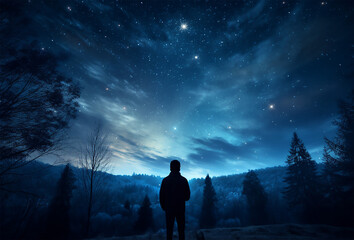 Fototapeta premium Calm Midnight adventures, Long exposure shot of a man staring up into the night sky