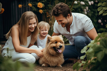happy family playing with their dog on the garden