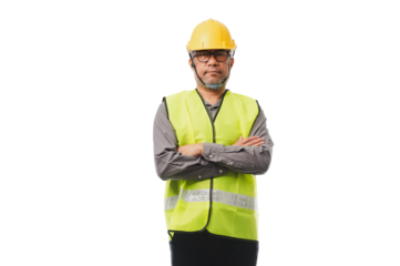 A handsome engineer professional, his face framed by a hardhat and his physique accentuated by a fitted waistcoat, meticulously inspects the progress of a construction project. transparent background