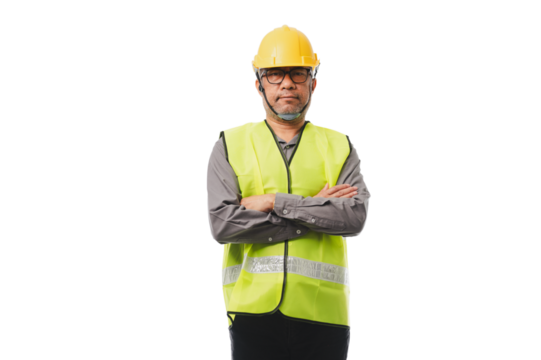 A handsome engineer professional, his face framed by a hardhat and his physique accentuated by a fitted waistcoat, meticulously inspects the progress of a construction project. transparent background