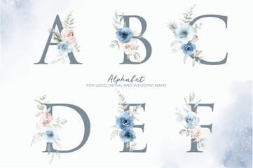 Floral Alphabet. Set letters with the blue floral and leaves. Vector illustration.
