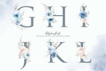 Floral Alphabet. Set letters with the blue floral and leaves. Vector illustration.