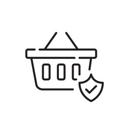 Secure internet shopping experience. Basket and protection shield with check mark symbol. Pixel perfect, editable stroke icon