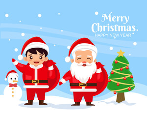 Merry Christmas and happy new year greeting card with cute Santa Claus and  happy boy