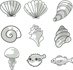 Abstract doodle marine life, seashell jellyfish and fish doodle illustration for decoration on coastal living and aquarium concept. - obrazy, fototapety, plakaty