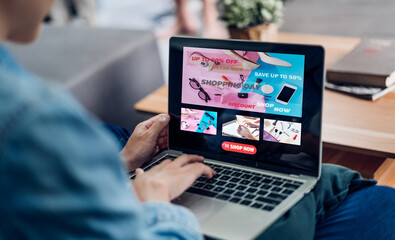 Portrait of woman use technology laptop for fashion online shopping.Young girl enjoy shopping time summer sale and buy, black friday, discount promotion purchases at home.online shopping