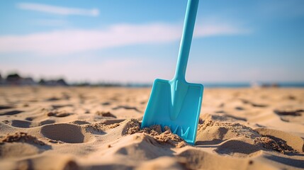 A Plastic toy shovel with a handle is stuck in the beach sand. In the background, you can see the sea. The weather is sunny. - obrazy, fototapety, plakaty