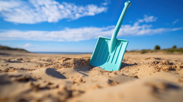A Plastic toy shovel with a handle is stuck in the beach sand. In the background, you can see the sea. The weather is sunny.
