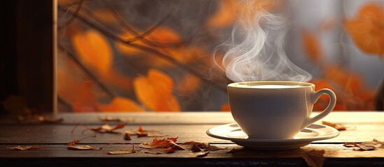 Autumn-themed closeup of a white teacup on a wooden table with raindrops on the window glass, surrounded by smoke and fallen leaves. - obrazy, fototapety, plakaty