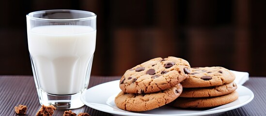 Chocolate chip cookies on white plate with cocoa milk in glass cup, top view.