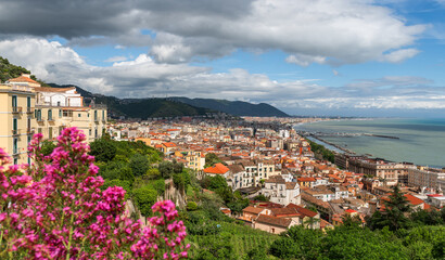 Aerial view of the Italian city of Salerno. Salerno is a city and port on the Tyrrhenian Sea in southern Italy, the administrative center of the Salerno province of the Campania region.