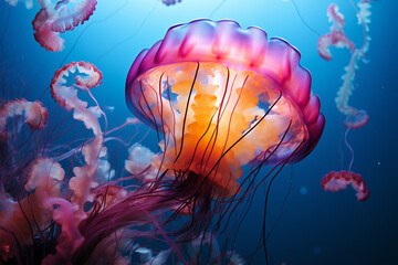 Orange and Pink Jellyfish with Blue Background