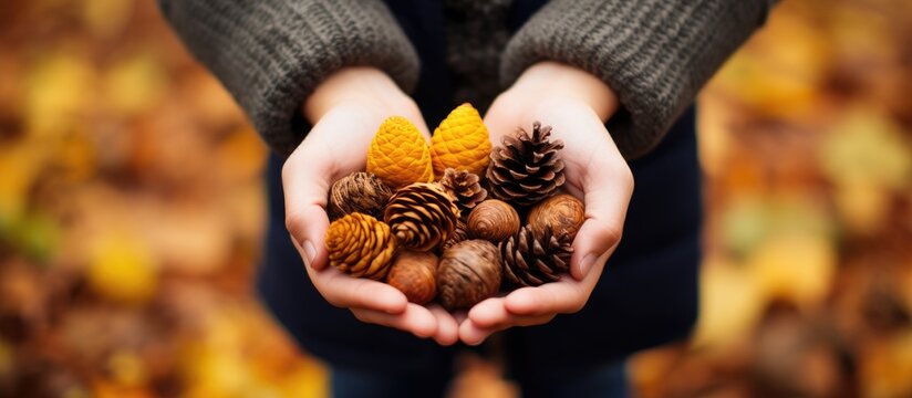 Autumn gifts: pinecone, yellow leaf, acorn cap in hands.