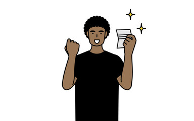 African-American man who is pleased to see a bankbook.