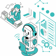 オフィスにおけるロボットによる業務自動化のビフォーアフターのイメージイラスト