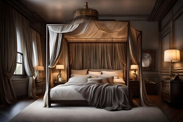 An elegant bedroom with a canopy bed, adorned with luxurious fabrics, and soft ambient lighting, creating a haven of comfort and sophistication.