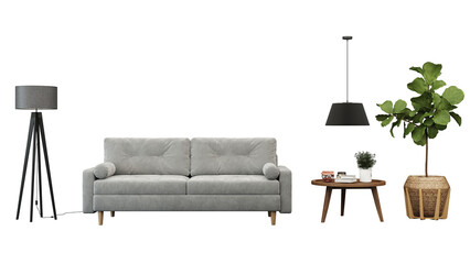 Modern interior furniture set 3D render. Livingroom house floor template room mockup design , isolated on transparent background