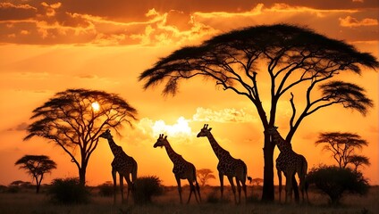 Silhouetted giraffes grazing against a vivid sunset, embodying the beauty of wildlife in the savannah