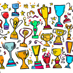 Dive into a treasure trove of victory as children's colorful drawings showcase an array of gold trophies, each one uniquely crafted with imaginative designs.