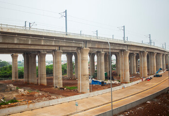 Construction of the Jakarta-Bandung high-speed railway near Halim station in Jakarta, Indonesia. A...