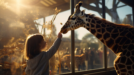 Naklejki  Young child reading out to a giraffe at the zoo. Concept of Curiosity, Animal Connection.