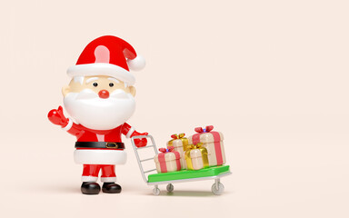 Santa Claus pushing warehouse trolley or platform trolley with gift box. merry christmas and happy new year, 3d render illustration