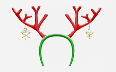 3d christmas deer horn headband with snow, ornaments glass transparent, snowflake. merry christmas and happy new year, 3d render illustration