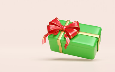 green gift box with golden ribbon and red bow. merry christmas and happy new year, 3d render illustration
